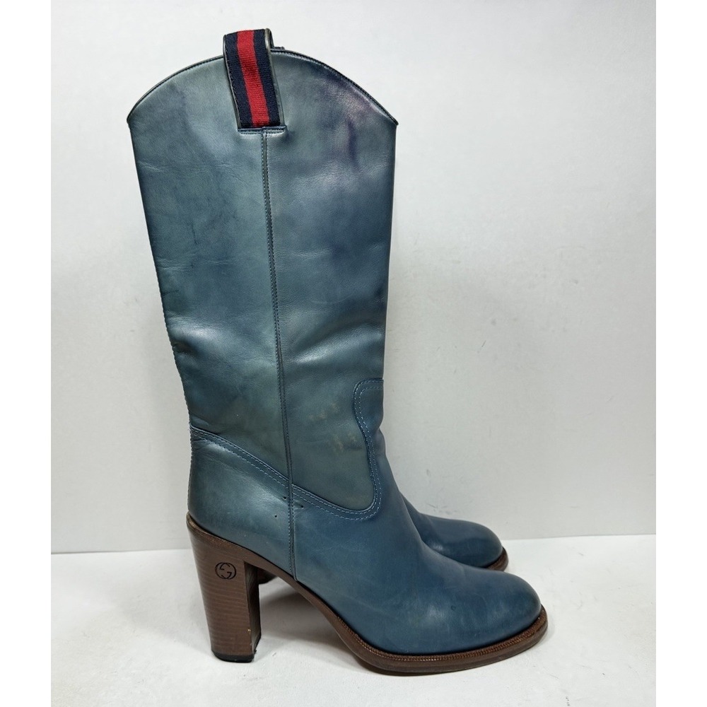 Gucci Western Style Cowboy Boots Women's Size 10 B Blue Leather Heeled